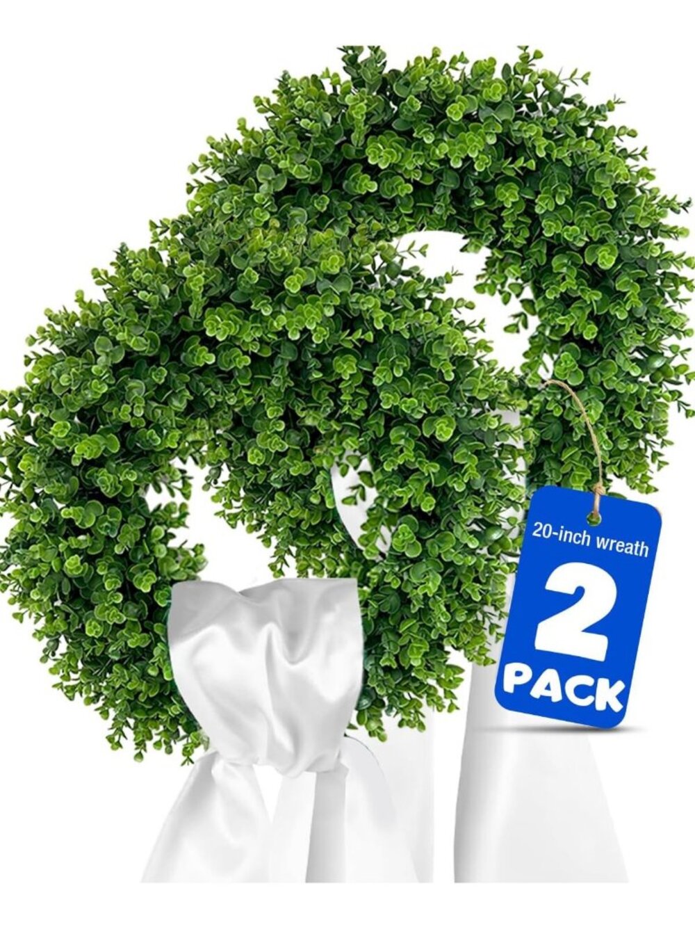 Set of 2 Large 20” Green Boxwood Wreaths for Front Door, Porch & Wall Decor